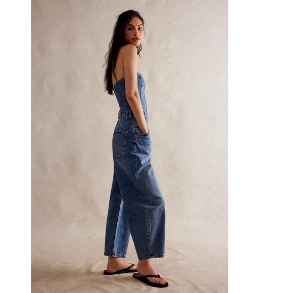 NEW FREE PEOPLE We The Free DENIM BLUE Je Suis Pret BARREL Pockets JUMPSUIT S - Picture 6 of 16